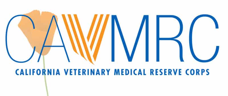 Logo for California Veterinary Medical Reserve Corps with a stylized orange poppy and the acronym "CAVMRC" in large letters above the organization's full name.