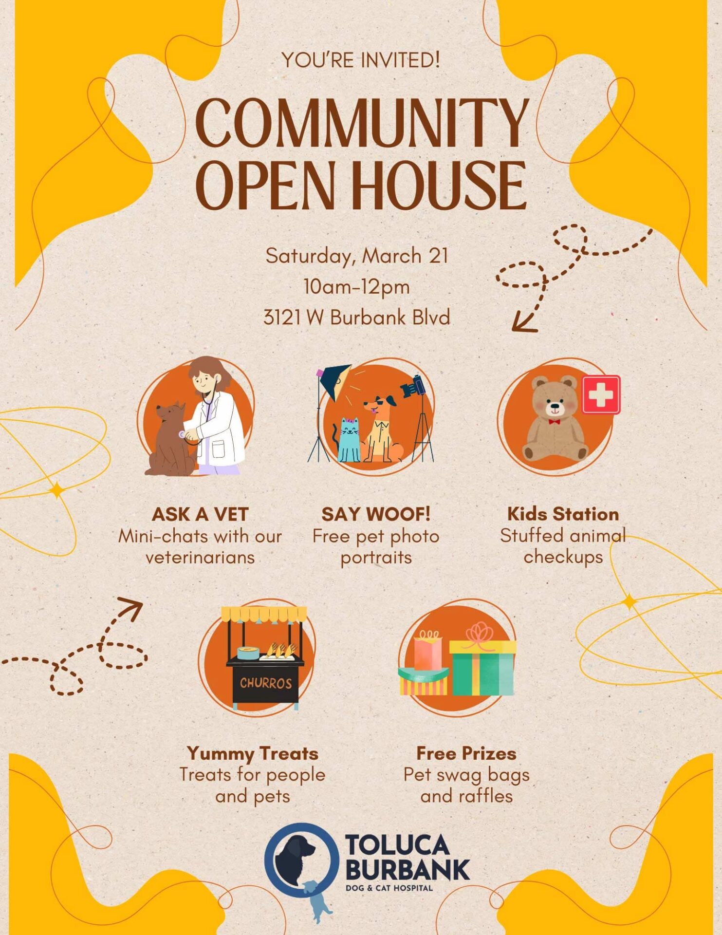 Flyer for a community open house event at Toluca Burbank Dog & Cat Hospital on March 21, 10am–12pm, featuring a vet Q&A, pet photo portraits, kids station, treats, and prize giveaways.