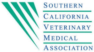 Logo for the Southern California Veterinary Medical Association, featuring green diagonal stripes and text aligned with blue horizontal lines.